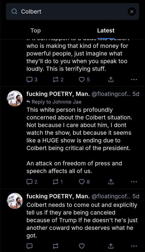 Part 2: 
This white person is profoundly concerned about the Colbert situation.

Not because I care about him, I dont watch the show, but because it seems like a HUGE show is ending due to Colbert being critical of the president.

An attack on freedom of press and speech affects all of us.

Colbert needs to come out and explicitly tell us if they are being canceled because of Trump If he doesn't he's just another coward who deserves what he got.