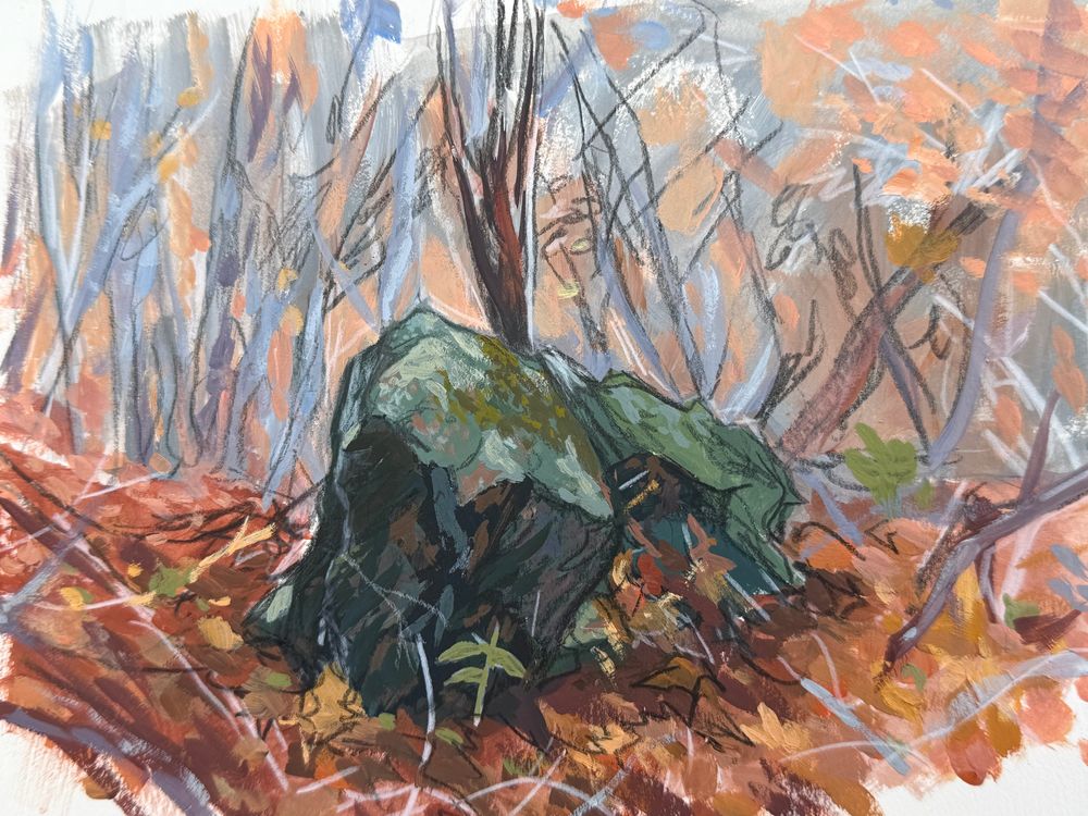 Painting of a rock in an autumn landscape; painted expressively with bright and gestural colors. 