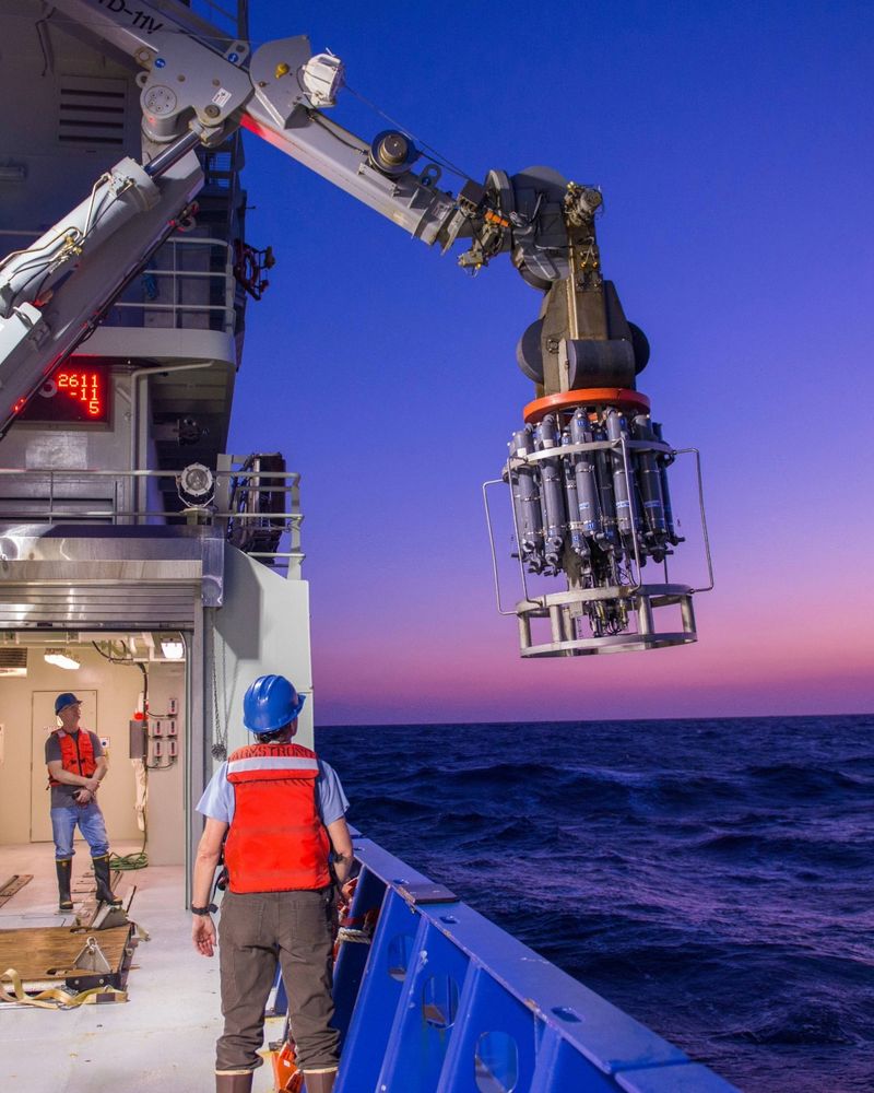 In the waters off Cape Hatteras, scientists deploy Sea-Bird CTDs as part of the PEACH project to study the Gulf Stream.