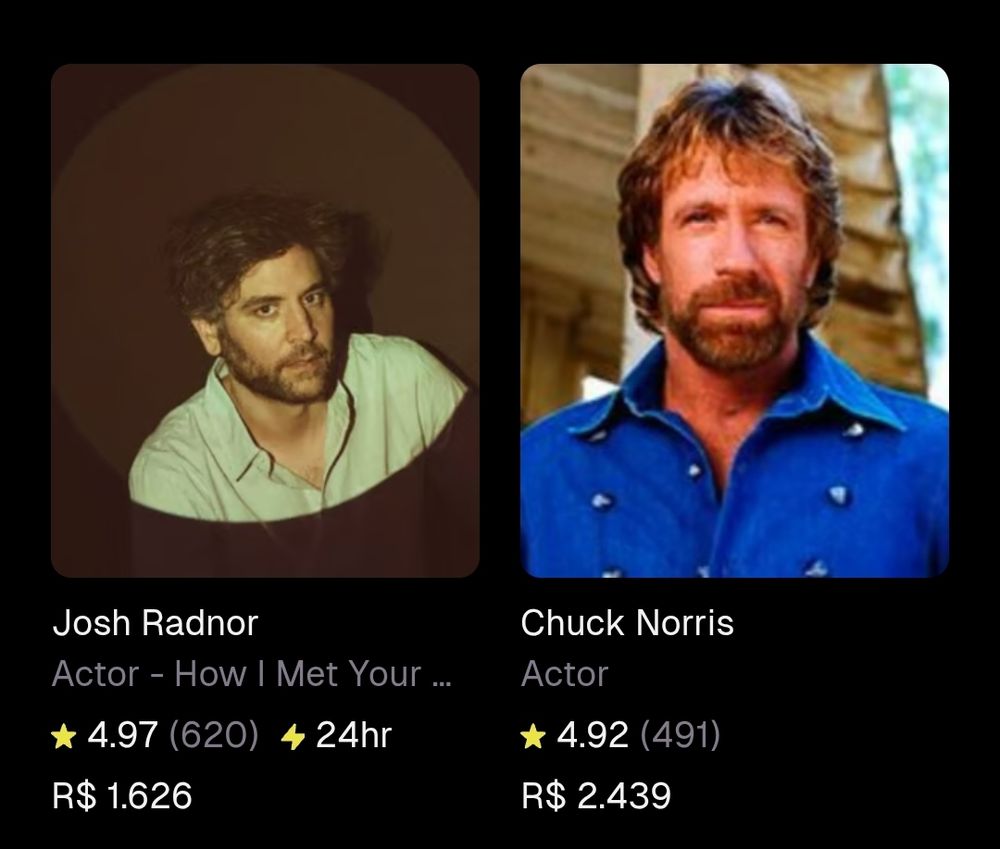Print do site Cameo mostrando os valores pra comprar um vídeo personalizado de artistas: Josh Radnor (protagonista de How I met your mother) R$1.626. Chuck Norris R$2.439.