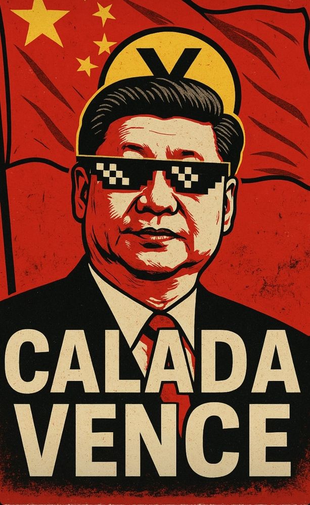 Desenho do presidente da China, Xi Jinping, com a frase calada vence em caixa alta.