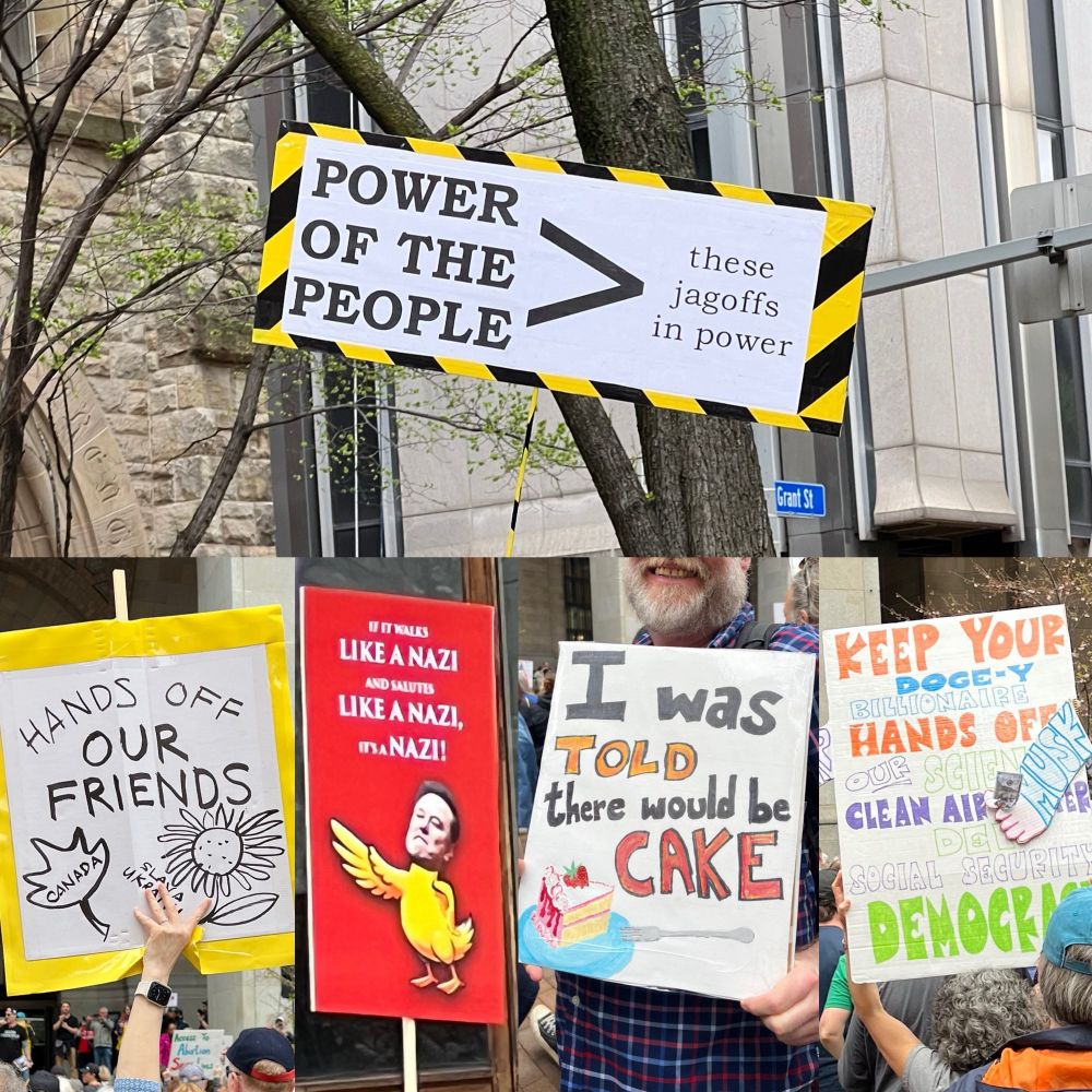 Five protest signs are pictured:

1. “Power of the people > these jagoffs in power” with a black and gold border

2. “Hands off our friends” with a maple leaf that says Canada on it and a daisy that says Slava Ukraine next to it

3. “If it walks like a nazi and salutes like a nazi, it’s a Nazi!” With an illustration of an Elon headed duck giving a one wing Nazi salute 

4. “I was told there would be cake” with a drawing of cake at the bottom

5. “Keep your Doge-y billionaire hands off our <list of many issues like clean air, social security and water>