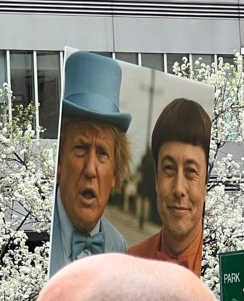 A protest sign featuring trump and musk as Harry and Lloyd from Dumb and Dumber
