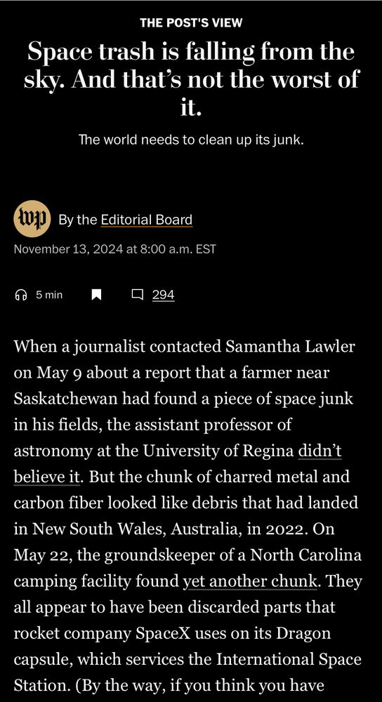 Editorial from Washington Post, “Space trash is falling from the sky. And that’s not the worst of it.”
