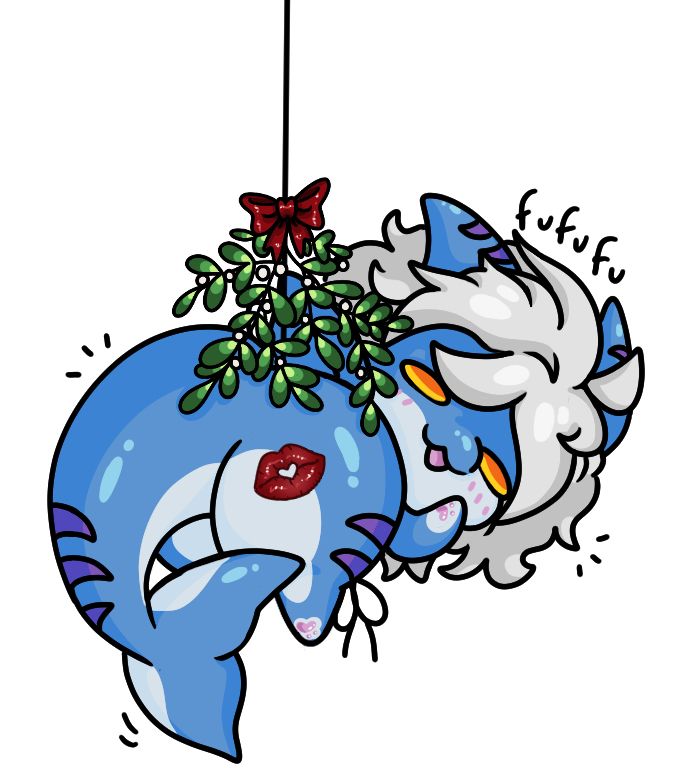 A chibi drawing of Byte dangling from a string with mistletoe on top of him. There’s a lipstick mark on his butt.