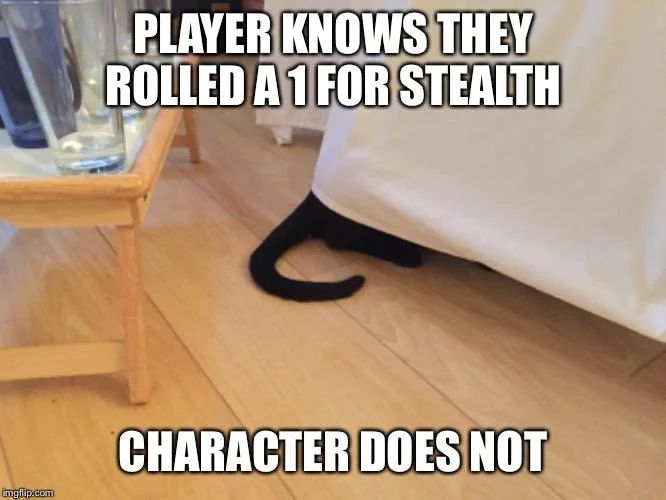 Cat hiding in her blanket with words to say D&D player knowsley rolled one for stealth the character does not