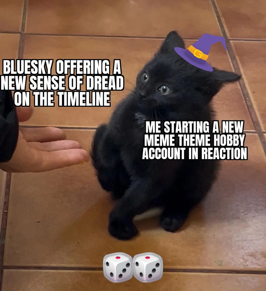 Hand offering info on the latest doom

A cat ears tilted back with dnd dice and wizard hat "starting a new meme hobby account in reaction" 