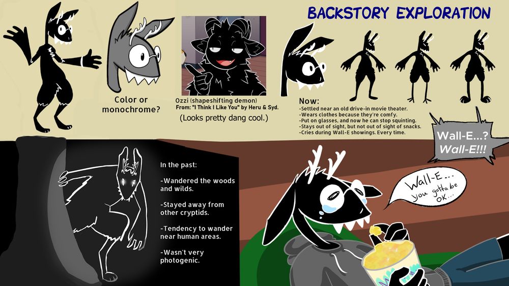 I started to do a bit of story exploration with him, picturing him being wild and cautious about humans, but after making a few discoveries and mimicking their behavior he falls in love with their world. From here I refined him a bit further in terms of design and story, but the general feel of him was established! His white line work and pitch black fur were inspired by the demon Ozzi from the webcomic "I Think I Like You" by Heru & Syd. I really liked the concept-art stage of using pitch black shapes, so when I saw Ozzi it struck me that I could use his color scheme to try and keep using black. As challenging as it would be to work with, I knew it would be fun to work within the limitations of what you can and can't do with this kind of color pallet, and how this character would have to interact with the world.