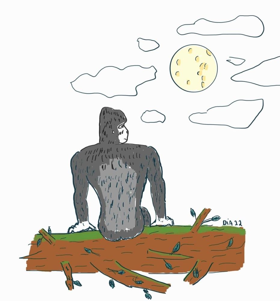 Desenho de um gorila preto de costas prateadas sentando em um tronco de árvore caído e contemplando a lua cheia pensativo