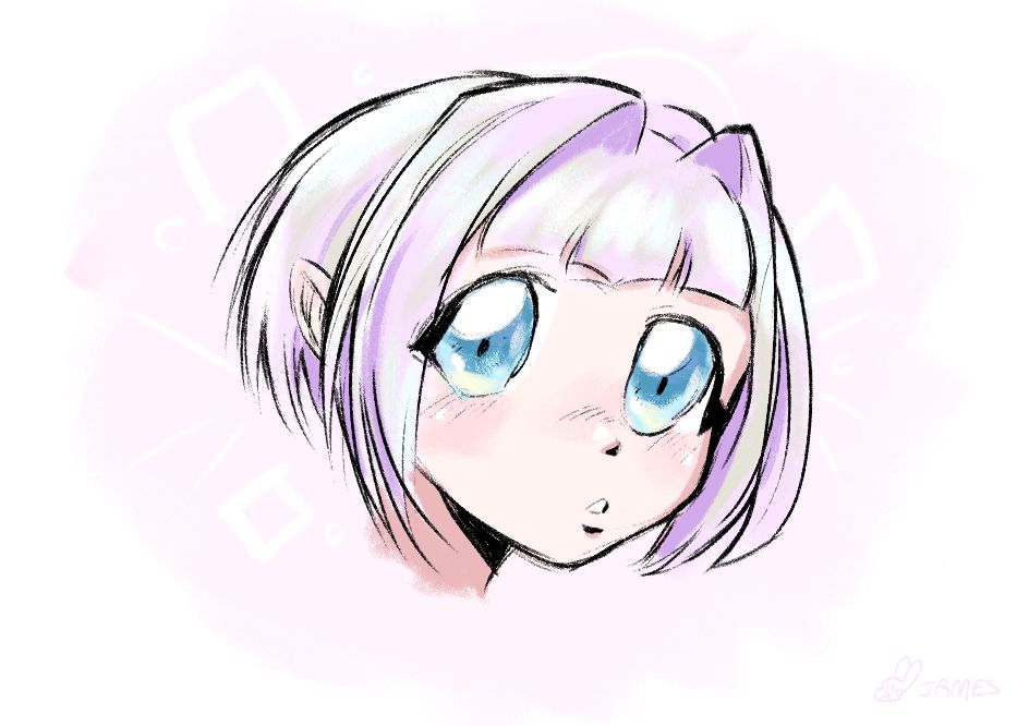 A girl with pastel pink hair and giant blue eyes in front of a pink background. She stares at the viewer.