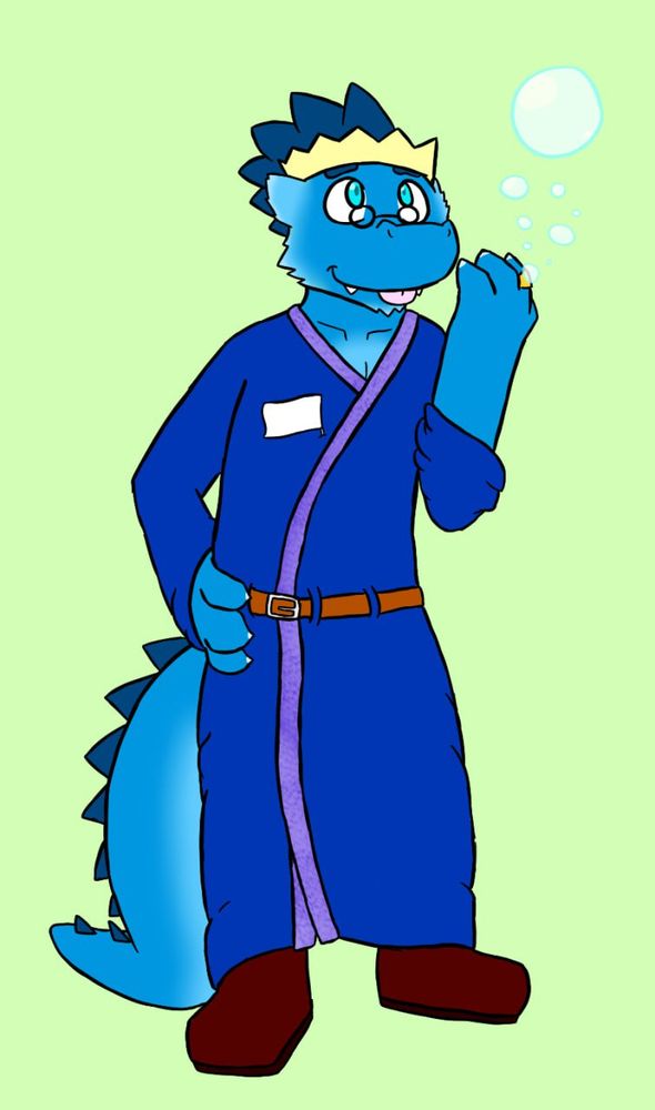 Torinn, the sea sorcerer Dragonborn. He is comically producing bubbles from his golden ring arcane focus while blepping.