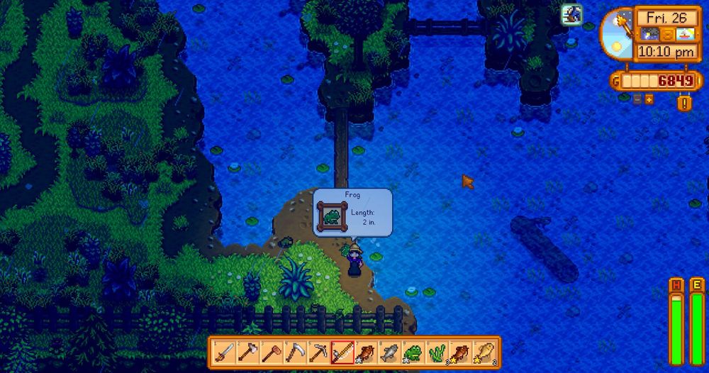 A screen shot of the video game Stardew Valley. I have a few mods that added some fish so I caught a frog, but there are npc frogs watching me. Very awkward. 