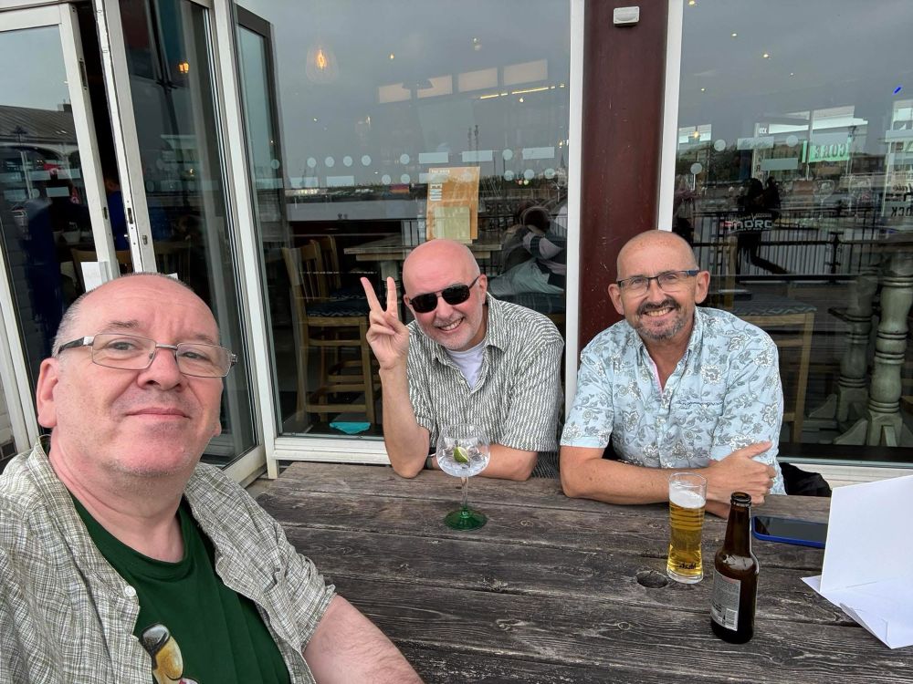 Me and the two reprobates Gary and Mike sat outside The Dock in Cardiff Bay. 