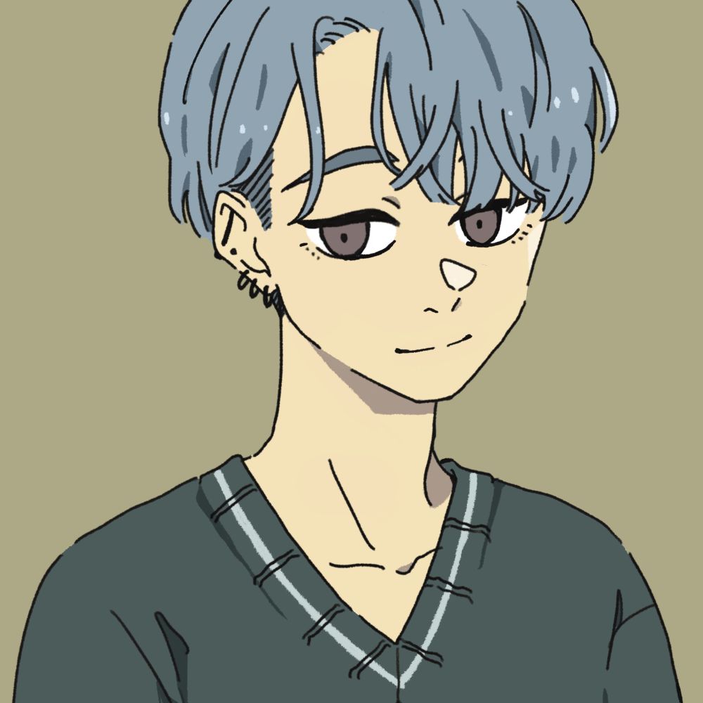 イラスト。ブルーグレーの髪にブラウンの目のツーブロックにピアスをたくさんつけ、ブルーのニットを着た人物がこちらをみて微笑んでいる。