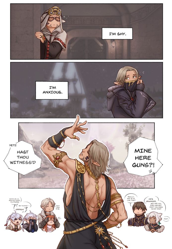 ffxiv comic: he's a little bit shy. but you know the saying: beware the quiet ones.