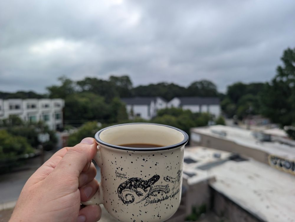 the salamander mug on the roof with just a sliver of a crescent of coffee visible on a cloudy day. shouldn't be hot which is nice. nails are short which is also nice but you can probably see why I did that post about lighters and short thumbnails now