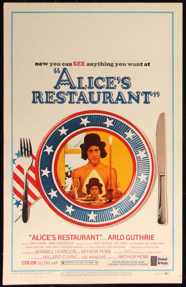 Poster for the 1969 film Alice's Restaurant, featuring a shirtless young Arlo Guthrie sitting at a table for thanksgiving dinner.