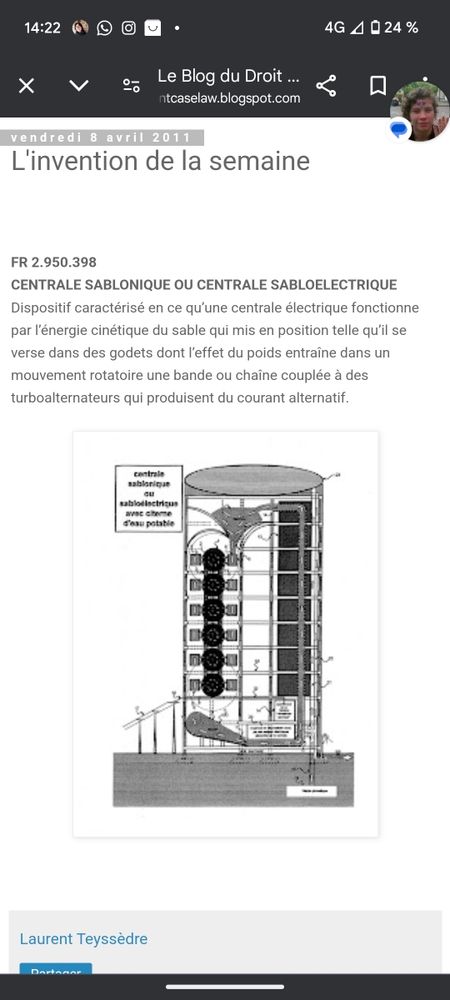 Capture d'écran du mécanisme de la fameuse centrale sablonique, on reconnaît la un système surnuméraire ( donc impossible mathématiquement ou physiquement). 
Le schéma montre du sable qui coule dans une turbine et qui est remonté directement derrière. 