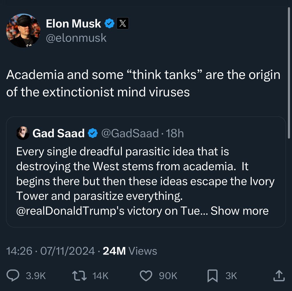 Quote tweet by Elon Musk. His words are “Academia and some “think tanks” are the origin of the extinctionist mind viruses” — words of the quoted tweet are in the second screenshot I’m sharing here.