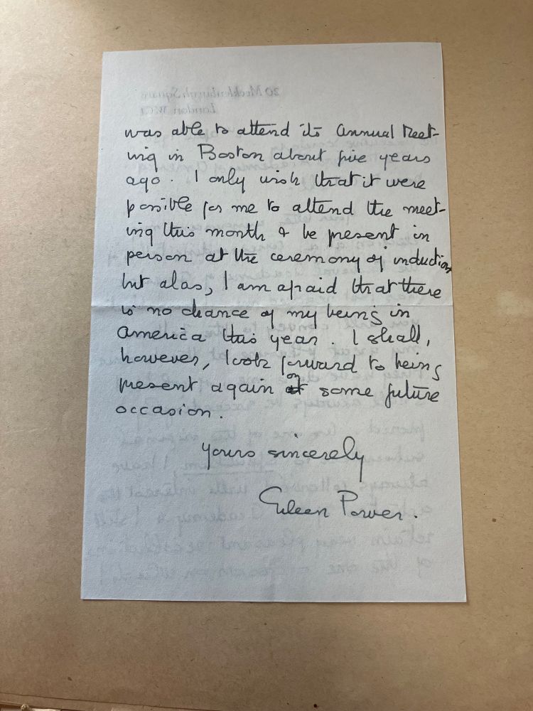 Second page of letter from Eileen Power accepting a Corresponding Fellowship from the Medieval Academy of America April 1936