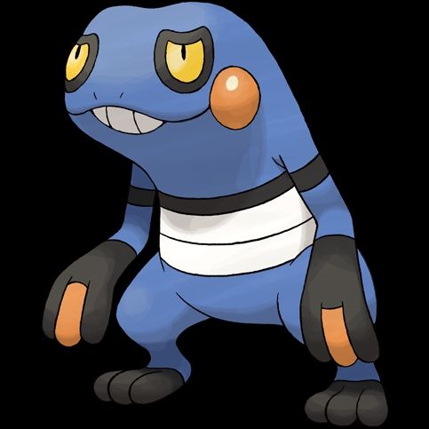 An illustration of a monster from the Pokémon series of games called 'Croagunk'. It is a blue and orange bipedal frog with cute orange cheek sacks. Its stance and expression make it look aggressive but goofy at the same time.