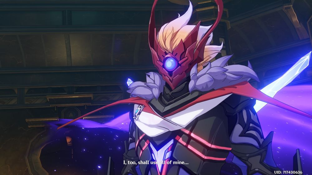 A screenshot from the video game 'Genshin Impact'. A close-up of Childe's face, in his final Fatui Harbinger form. The subtitles read: 'I, too, shall use all of mine...'.