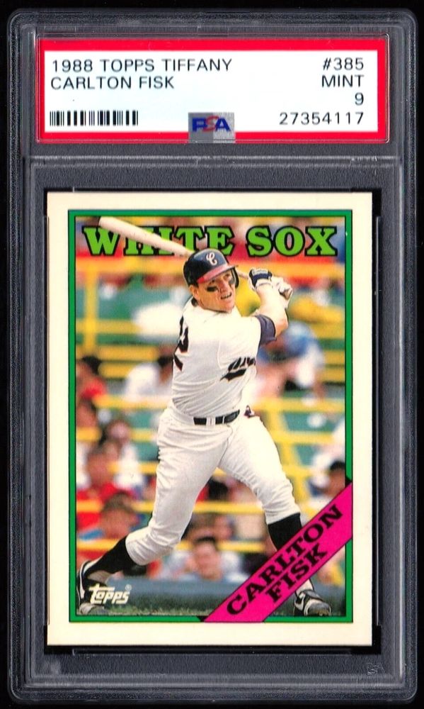 Image of 1988 Topps Tiffany, Carlton Fisk. Card shows Fisk at the plate, having swung and looking out toward the field of play
