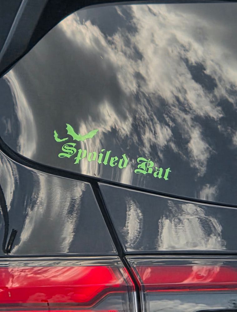Picture of a bumper sticker on a car. Two flying bats appear on the left side, and the sticker says "Spoiled bat"