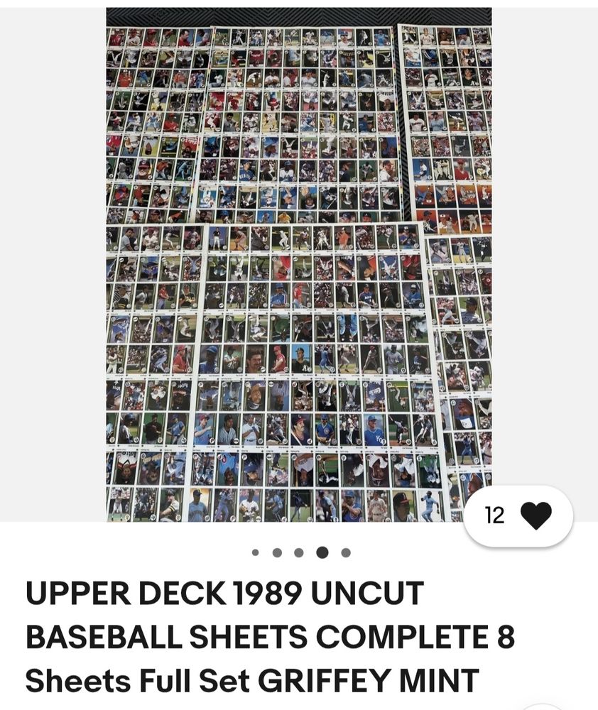 Image of an eBay auction. "Upper Deck 1989 uncut baseball sheets complete, 8 sheets full set, Griffey mint"