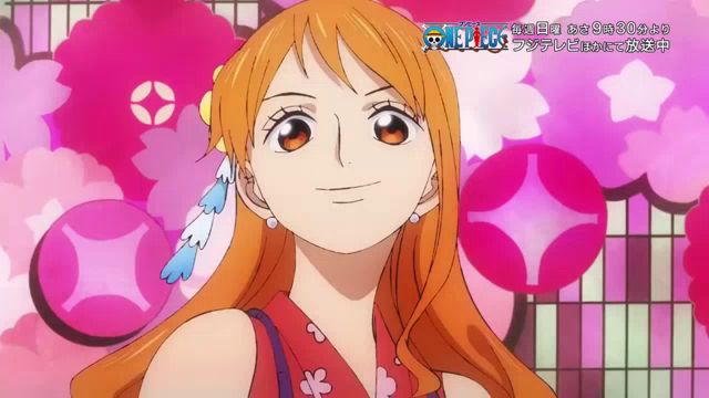 a cartoon of nami from one piece stands in front of pink flowers