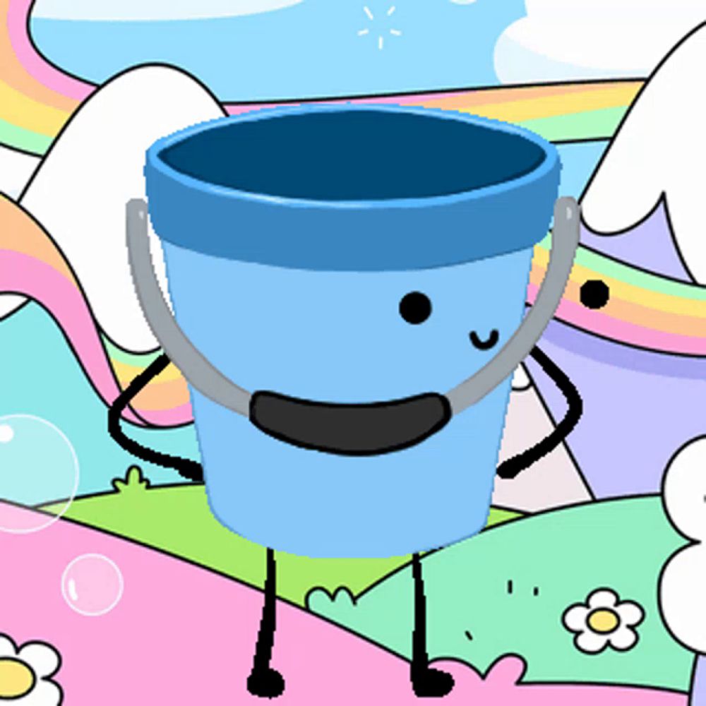 a cartoon drawing of a blue bucket with a face