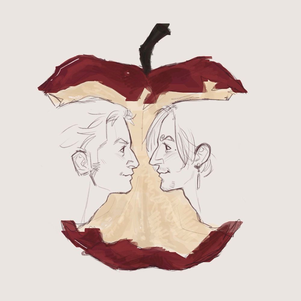A drawing of an eaten apple. The bites on both sides are in the silhouettes of Zoro and Sanji. They are facing each other.