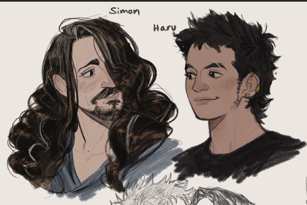 My ocs Simon and Haru. Simon is 40 years old and his fair skin with long brown hair that has started to gray. He has a big mustache with a goatee. Haru is about 19 years old, and has tan skin with small freckles and cut on an eyebrow. His hair is in a mullet and has four piercings on his visible ear and one on his nose.
