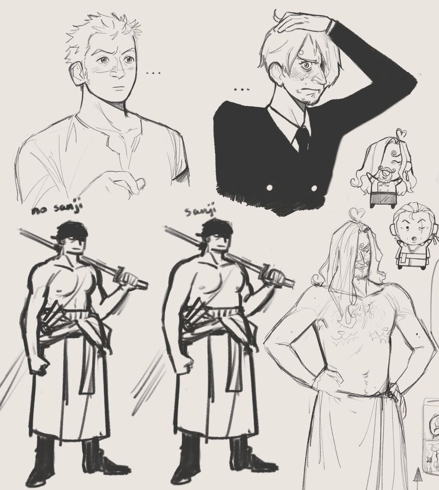 A sketch collage of Zoro and Sanji. In one doodle Zoro is blushing and raising an eyebrow at Sanji, confused. Sanji is seen blushing furiously, looking a bit embarrassed, his hand is protecting his ahoge on his head. He looks a bit mad at Zoro’s intrusion. No touching the ahoge.

There’s two mini chibi doodles of 40 ZoSan, they are waving at the viewer.

There’s a side by side comparison of older Zoro in a world without Sanji and a world with Sanji. In a world without Sanji, Zoro appears to be skinner and has more prominent muscles. With Sanji, Zoro is big, muscular with fat. He is well-fed.

There’s a doodle of 40 year old Sanji with a towel wrapped around his waist, he had his hands on his hips. There are top surgery scars on his chest.
