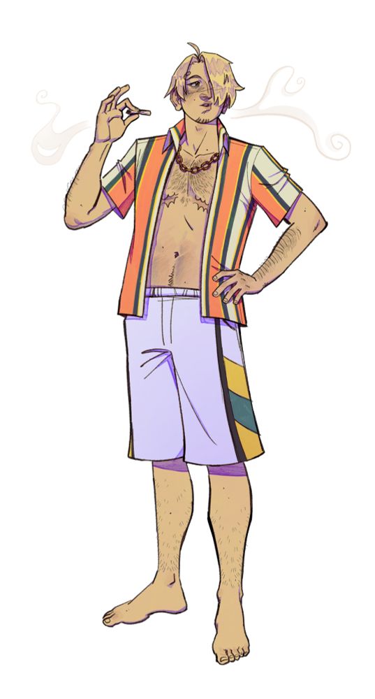 A colored drawing of 19 year old Sanji. Sanji has a striped open shirt on and white swim shorts with yellow and blue on the sides. He has a gold chain and top surgery scars are visible. He has a hand on his hip, holding a cigarette in the other and blowing out smoke.
