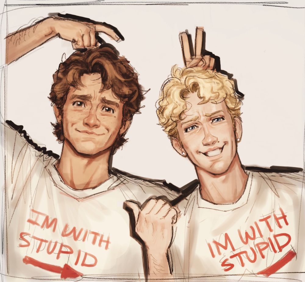A drawing of Peter Parker and Johnny Storm next to each other. They are both wearing shirts that say “I’m with stupid”, they are both pointing at each other, Peter is doing bunny ears behind Johnny’s head.