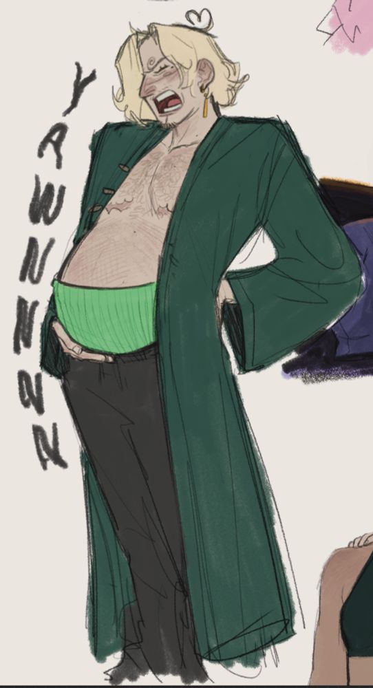 A drawing of Sanji. He is visibly pregnant and has Zoro’s haramaki on his belly. He also has Zoro’s robe on. He stretches and yawns loudly, holding the bottom of his belly with one hand and the other on his lower back. 