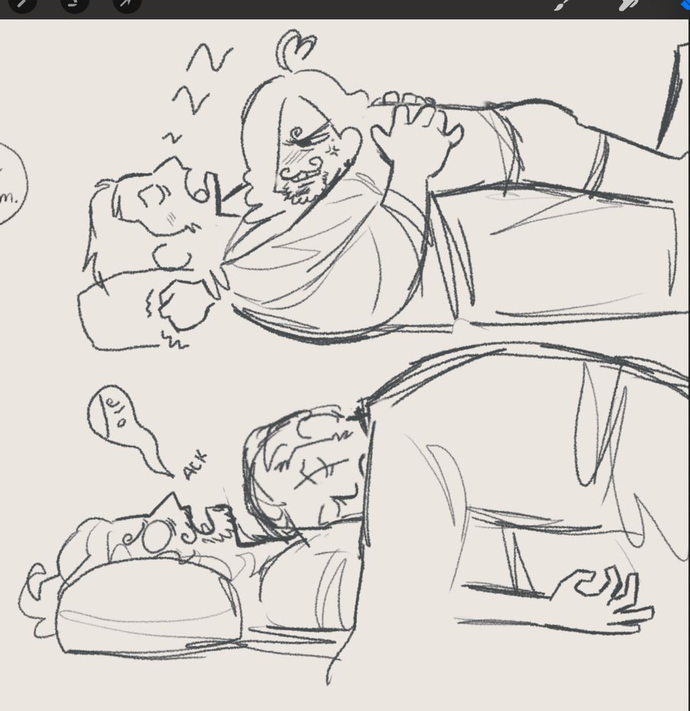 Two doodles of 40 year old Zoro abd Sanji. In one doodle, Zoro is sleeping on top of Sanji, Sanji can’t breathe from his big husband crushing his lungs. In the other, Sanji is on top of a sleeping Zoro, who is holding Sanji close to him. Sanji stares angrily at Zoro, it seems his back was unsuccessful.