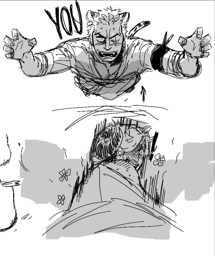 A doodle of tiger hybrid Zoro pouncing at Sanji. From the view it looks like a FNAF Foxy jumpscare screen. He is blushing furiously and is angrily yelling, “YOU!” We see Sanji, covered by Zoro’s on coming shadow. Sanji is in heat and is putting off pheromones.