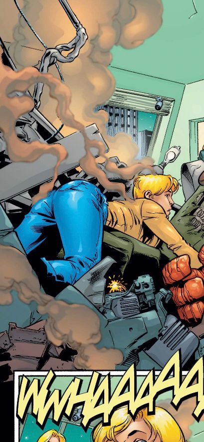 A screenshot from a Fantastic Four comic. Johnny is in a pile of rubble wearing civilian clothes. He’s laying belly down, and his back his arched and he has a very plump butt.