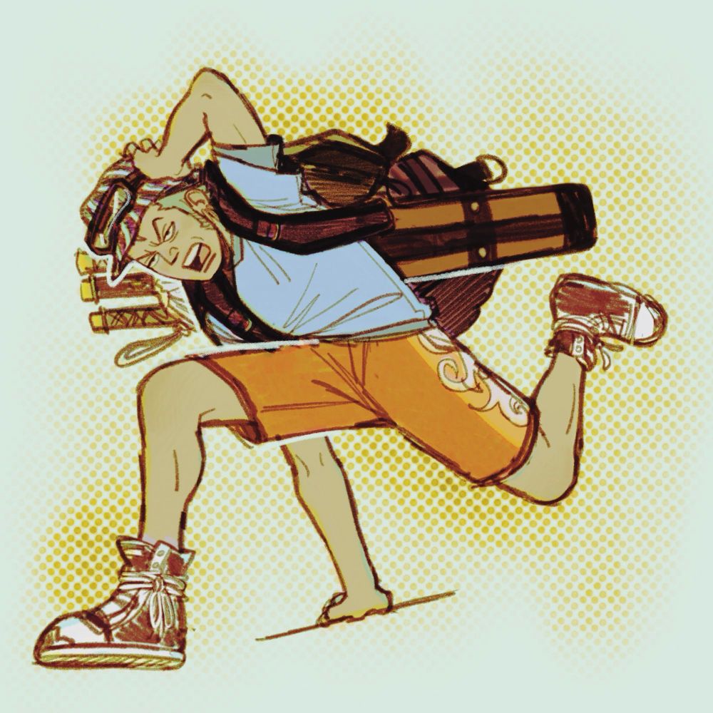 A drawing of Zoro in a dynamic pose. He has a bucket hat on with goggles. He is wearing two shirts on top of each other and bright orange pants. His shoe laces are wrapped around his ankles and tied. He has a large backpack on his back and his swords in a swing. 