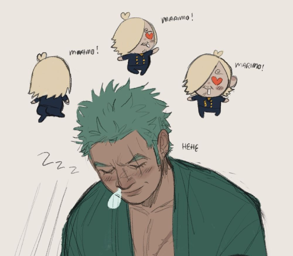 A drawing of Zoro napping, he has a smile on his face. There are little Sanji’s running around his head saying “marimo!”