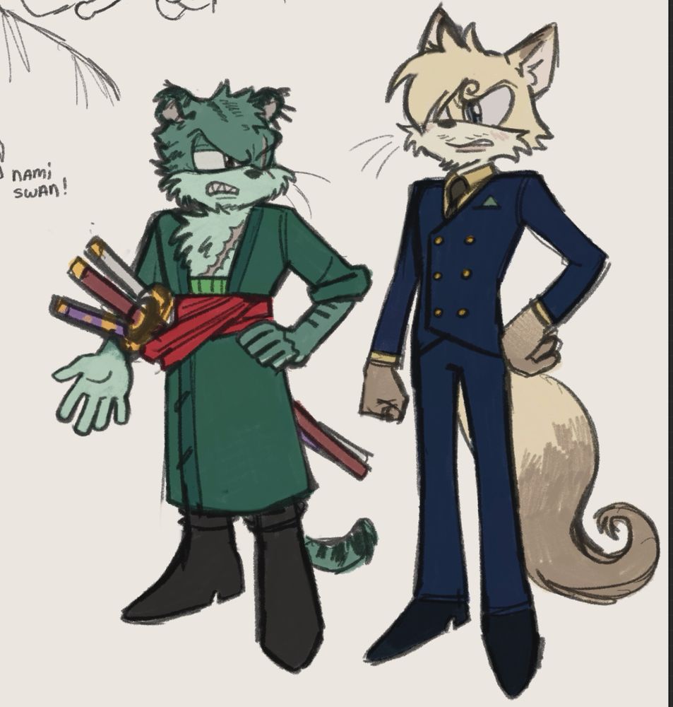 A drawing of Zoro and Sanji in the artstyle of Sonic the Hedgehog. Zoro is a tiger and Sanji is a fox, they have their post-timeskip designs. They seem to be arguing about something.