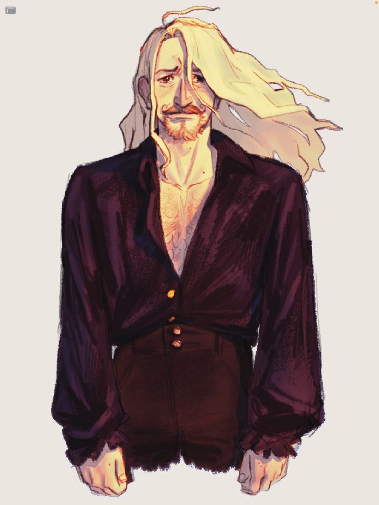 A drawing of 40 year old Sanji in the sunset. His hair is blowing in the wind, with tears in his eyes and a sadden expression on his face. His arms stay at his sides. He is dressed in high waisted pants and a loose velvet shirt.