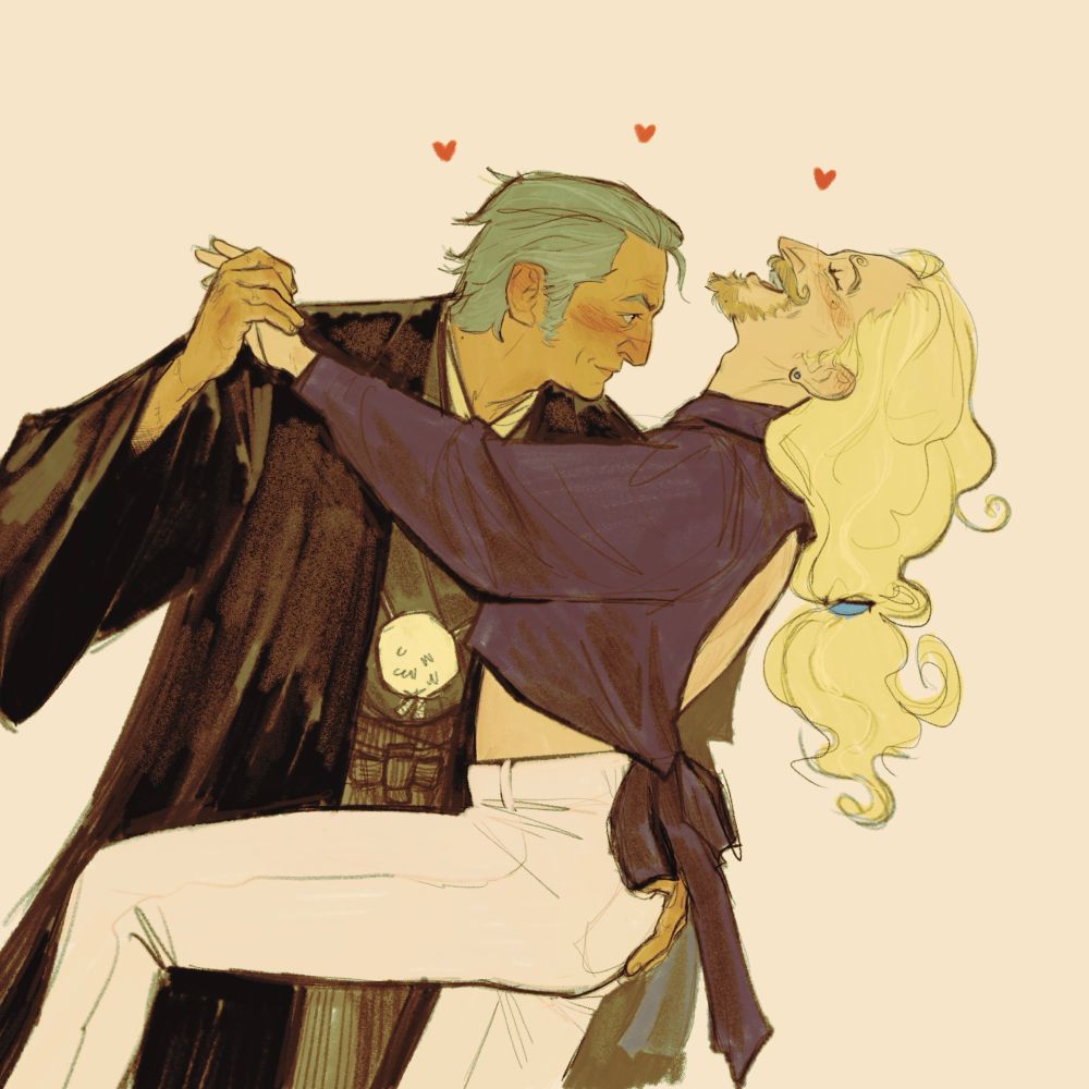A drawing of older zosan dancing. Sanji is tilting his head back, laughing while Zoro smiles at him.