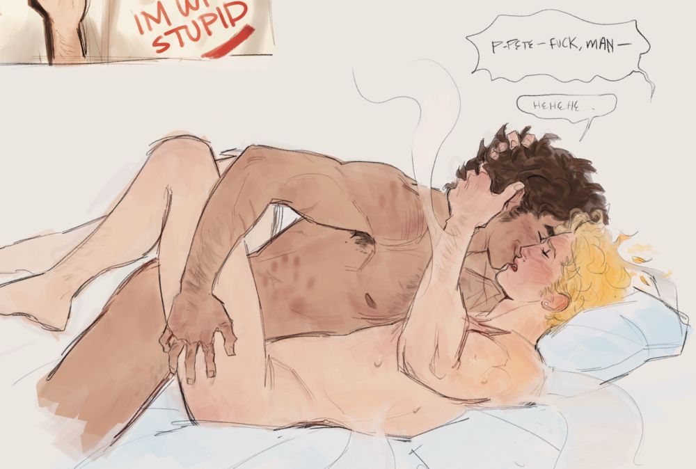 A drawing of Peter Parker and Johnny Storm having sex. They are on a bed, with Peter on top of Johnny. Peter has a hand on Johnny’s raised thigh. Johnny has both his hands holding onto Peter’s hair. Johnny’s body is steaming from the heat, hair slightly ablaze. Peter has some hand prints burned onto his skin and little burns on his lips from kissing Johnny. Johnny moans and curses Peter’s name while Peter just laughs with a smug smile.