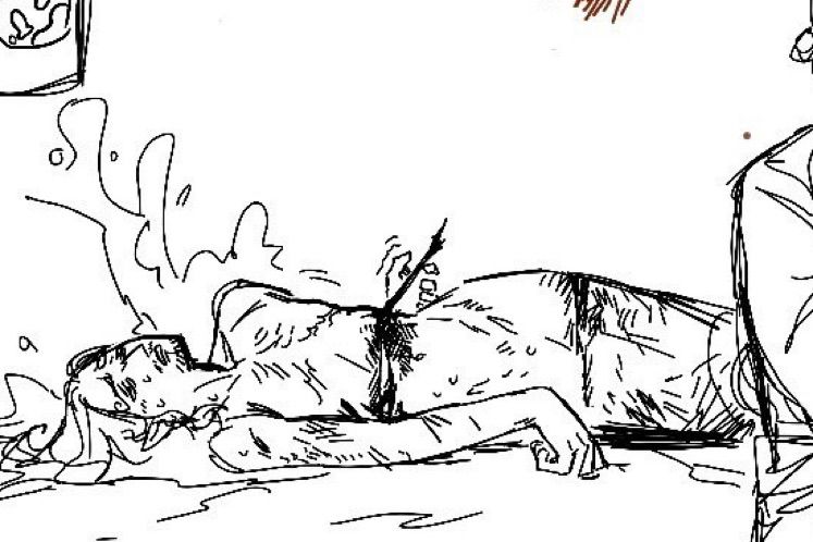 A doodle of an injured merman Sanji on the shore. Theres a stick poking out of his lower rib cage.