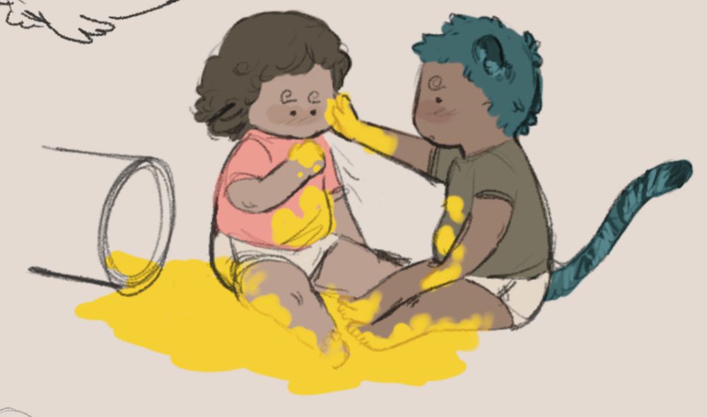 A doodle of baby Ivanna and Kunimitsu. There’s a spilled bucket of yellow paint. There is paint on their bodies and Kuni paints Ivanna’s face with his hand. Ivanna is raising her paint covered hand to her mouth.
