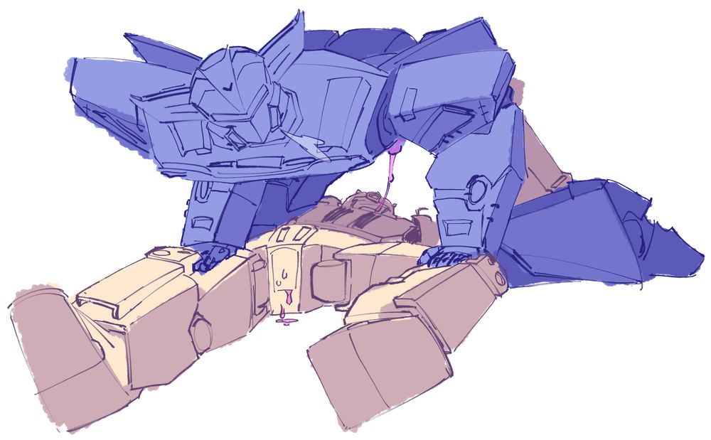 shaded sketch of earthspark soundwave on his hands and knees above bumblebee, pelvis facing bumblebee's face, and his spike dripping transfluid from bumblebee's mouth. soundwave is holding bumblebee's legs down while bumblebee grips his ass. steam is coming out of soundwave's vents and transfluid leaks out of bumblebee's valve panel