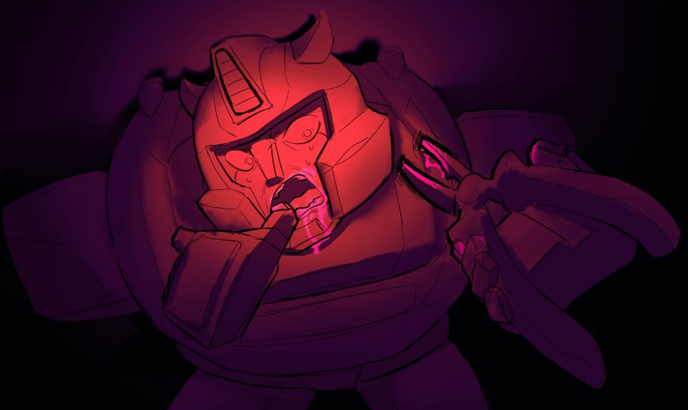 a sketch with a red and dark purple gradient of earthspark bumblebee pre alt-mode change. an anonymous bot is holding his mouth open with one hand and holding a plier covered in energon the other. bumblebee is looking at the plier both angrily and scared, some of his "teeth" already dented as energon pours out of his mouth. he's implied to be tied up.